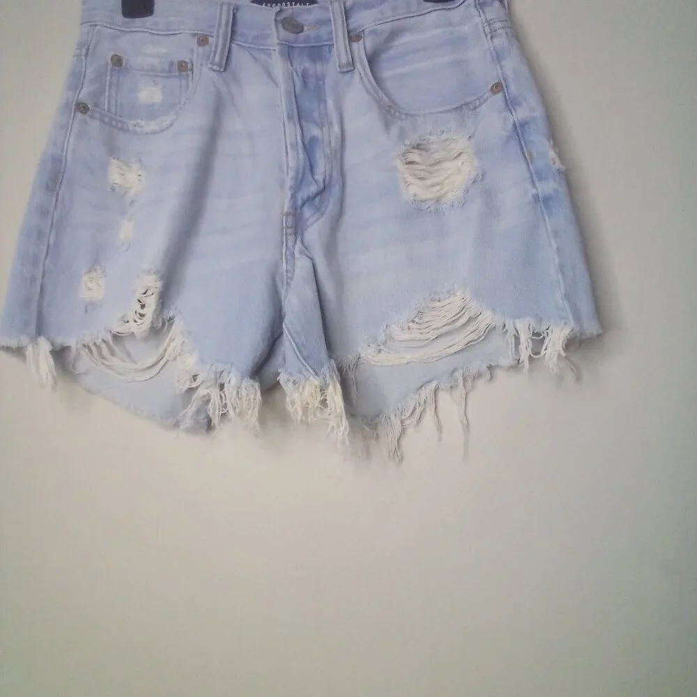 Aeropostale Shorts 6 Women High Rise Cut-Off Button Fly Distressed Raw Hem Blue